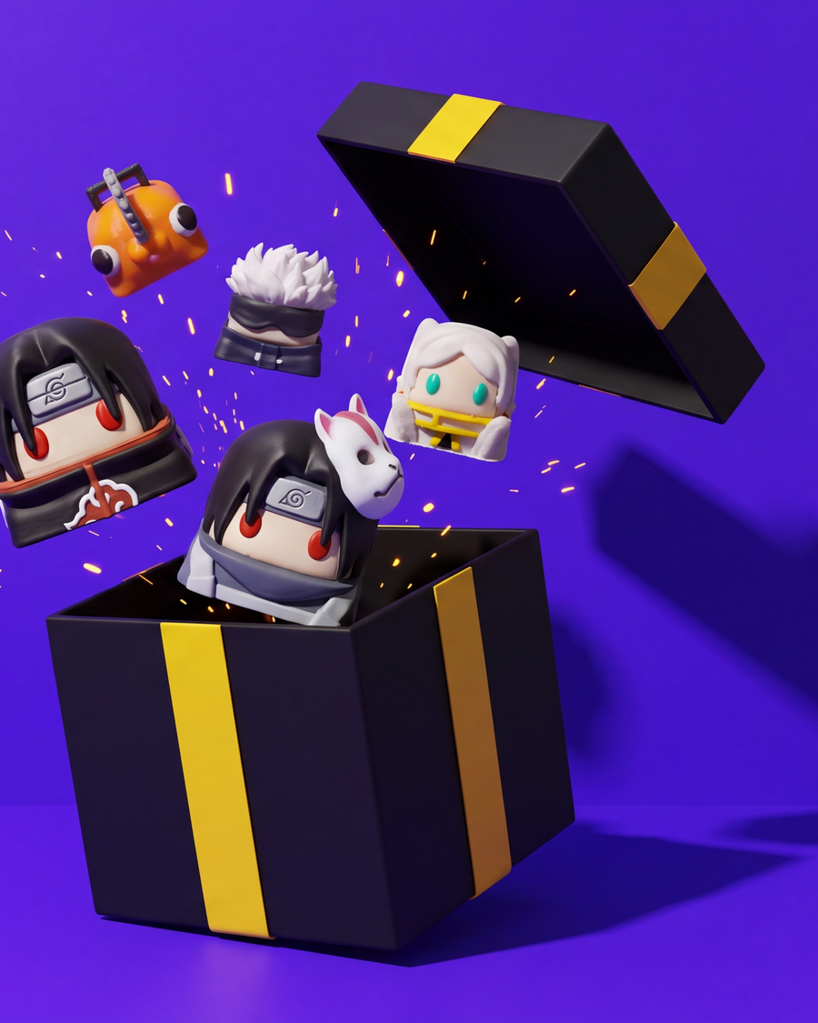 Caja Misteriosa Cyber KO: Itachi y keycaps saliendo de la caja