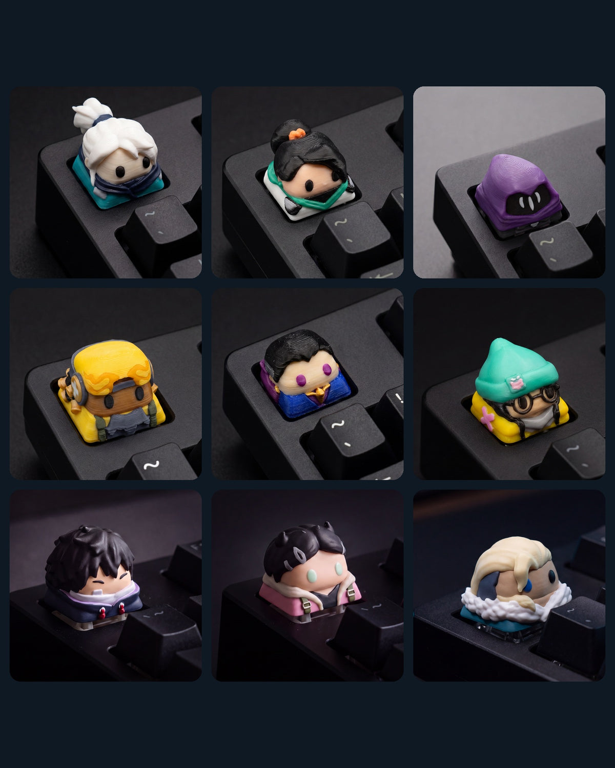 Pack completo Valorant: las 9 keycaps de agentes en teclado negro